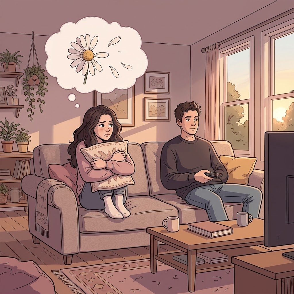 Ilustración de una mujer en el sofá junto a su pareja, mirándola con duda mientras piensa en una margarita deshojada